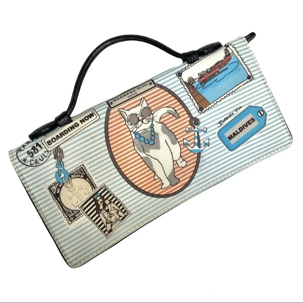 Barbara Rihl Striped Clutch Wallet w/ Handle París Maldives Travel Nautical Cat - Picture 2 of 6